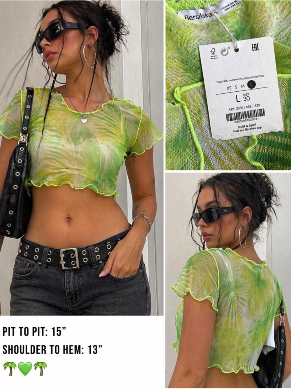 Bershka Lime Green Palm-Print Mesh Crop Top